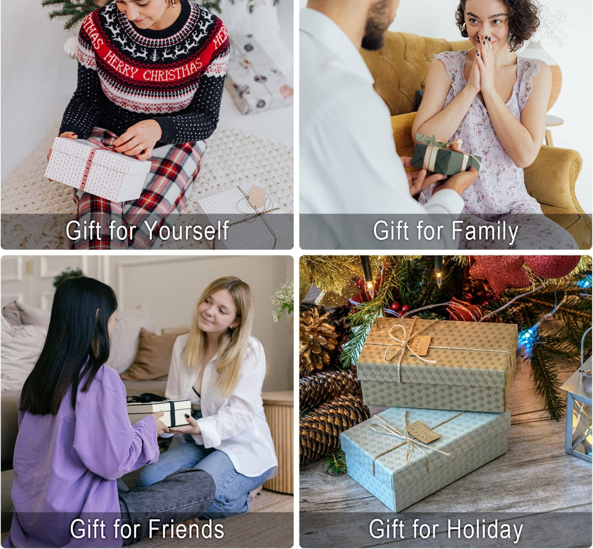 Four quadrants show different people exchanging or holding wrapped gifts for various occasions.
