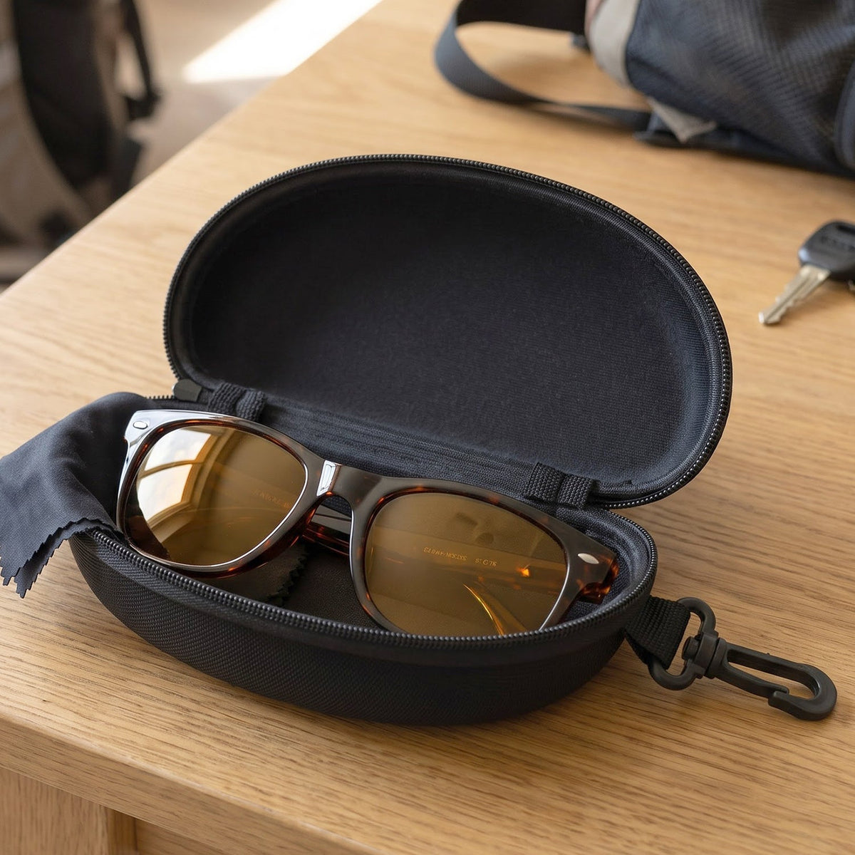Open black hard shell sunglasses case with brown sunglasses and a cleaning cloth, on a wooden table next to keys.