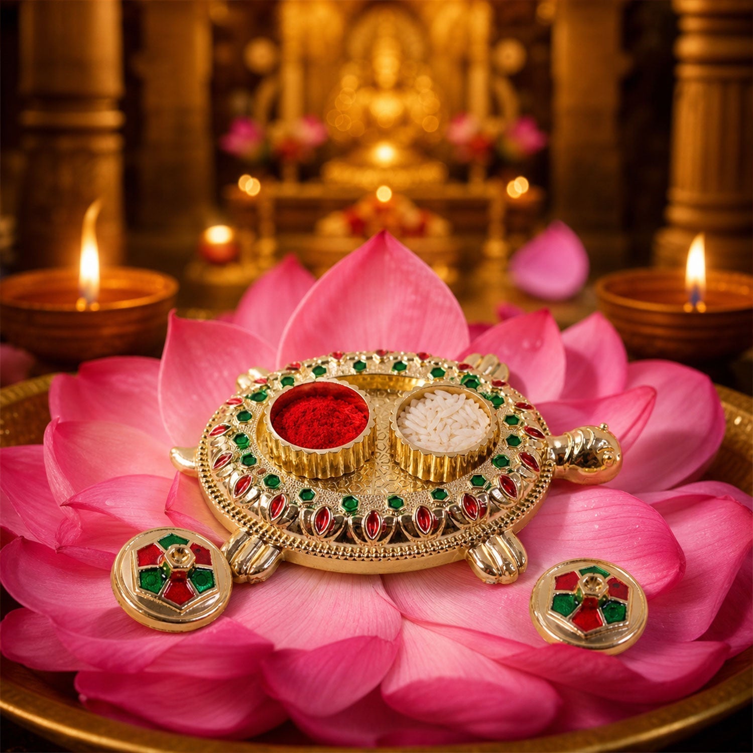 Decorative tortoise-shaped kumkum holder with jewel work
