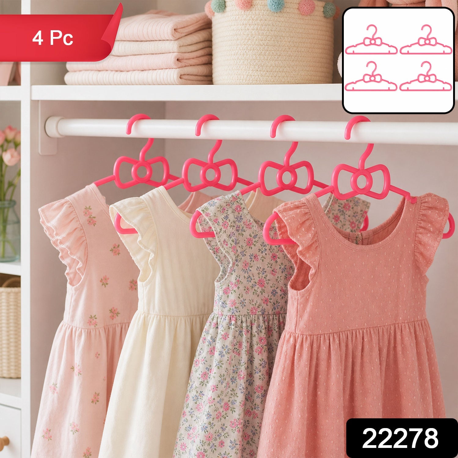 Kids Plastic Clothes Hangers Set of 4 Cute Bow (4 Pc Set) - main product view