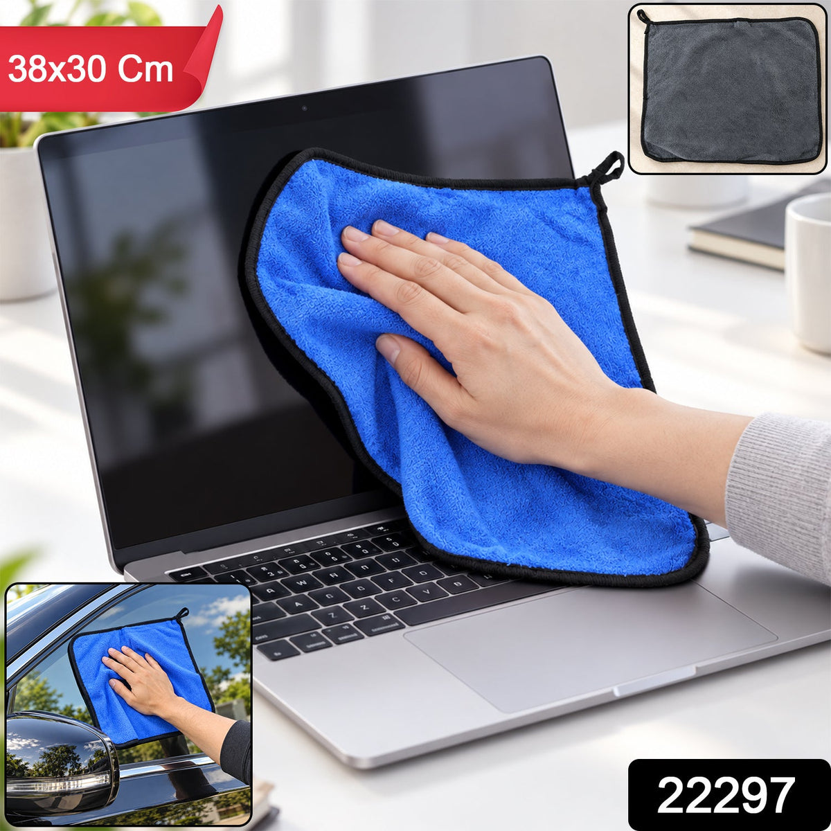 A blue microfiber cloth cleans a laptop screen, with insets showing car window cleaning, a gray cloth, and text overlays of
