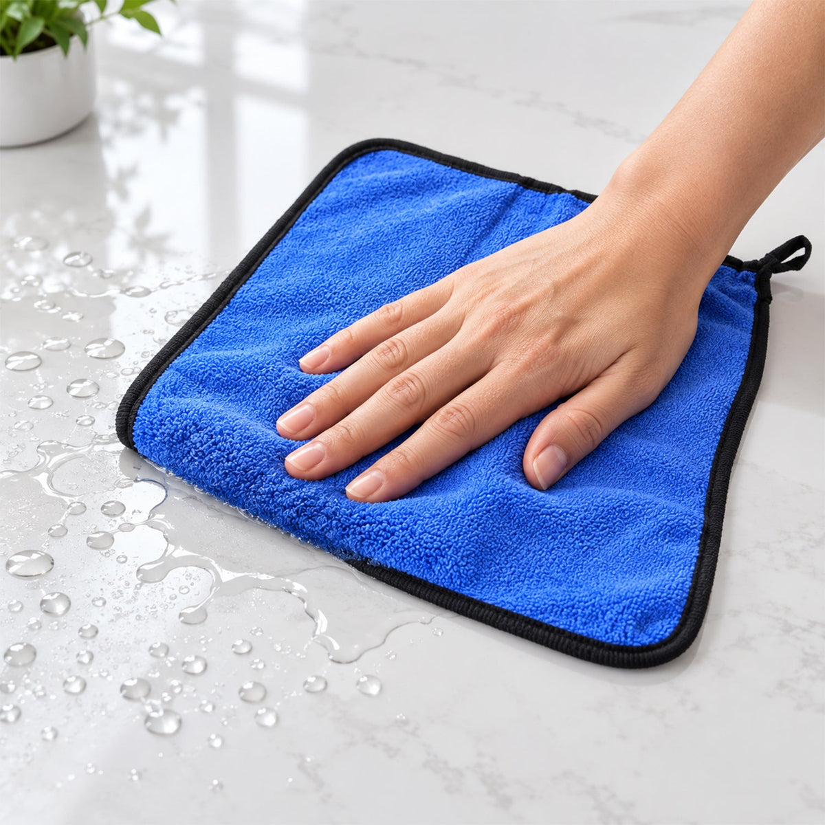 A hand uses a blue microfiber cloth to wipe up water droplets on a light-colored countertop.
