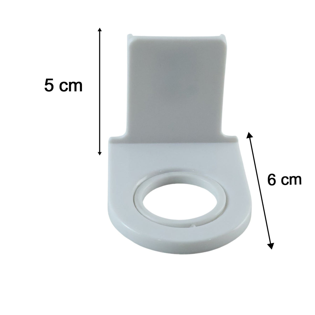 A white square pump bottle held by a white plastic holder with a clear adhesive pad on a light beige tiled wall.