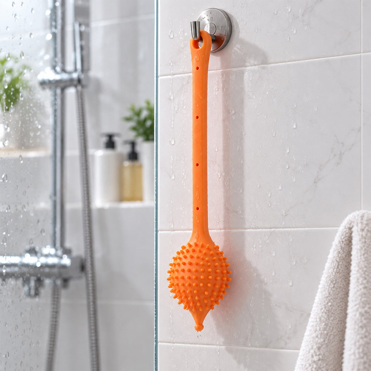 An orange silicone back scrubber hangs from a hook on a tiled shower wall, with a showerhead and towel visible.