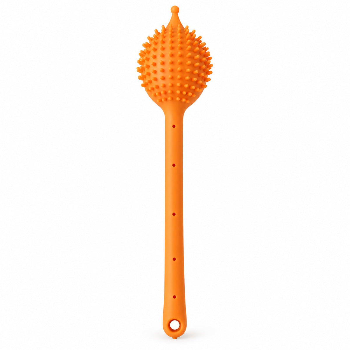 A single orange silicone back scrubber with a long handle and textured head is centered on a white background.