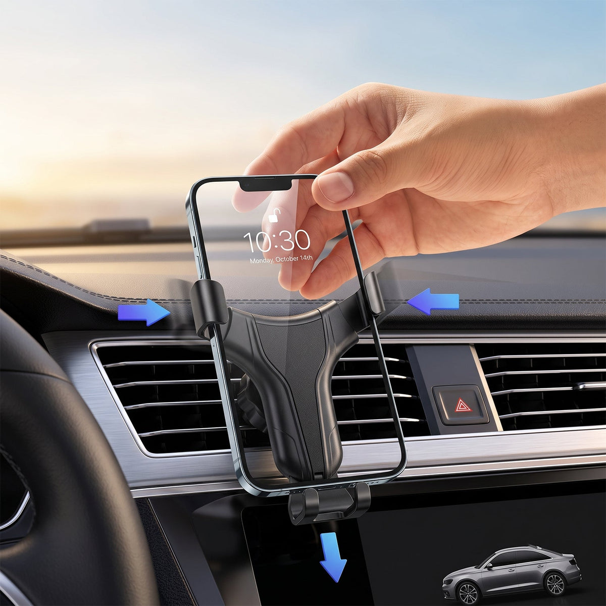 A hand removing a phone from a black gravity lock car phone holder mounted on an air vent, with blue arrows indicating the