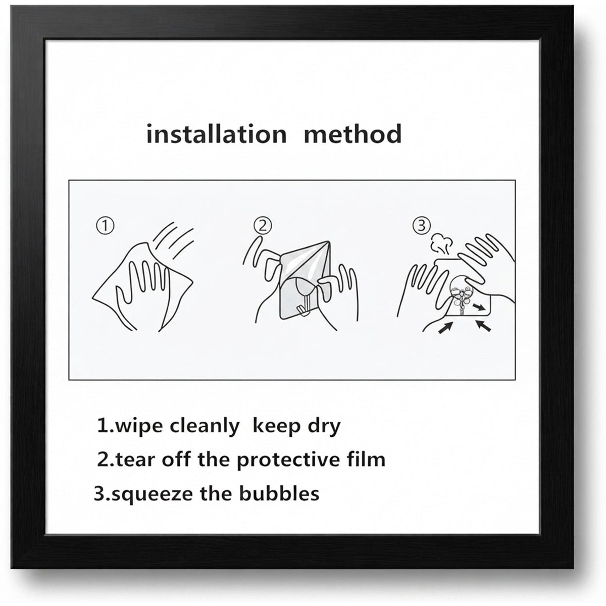 A framed diagram illustrates the installation method for the hook, showing steps to wipe, peel, and squeeze bubbles.