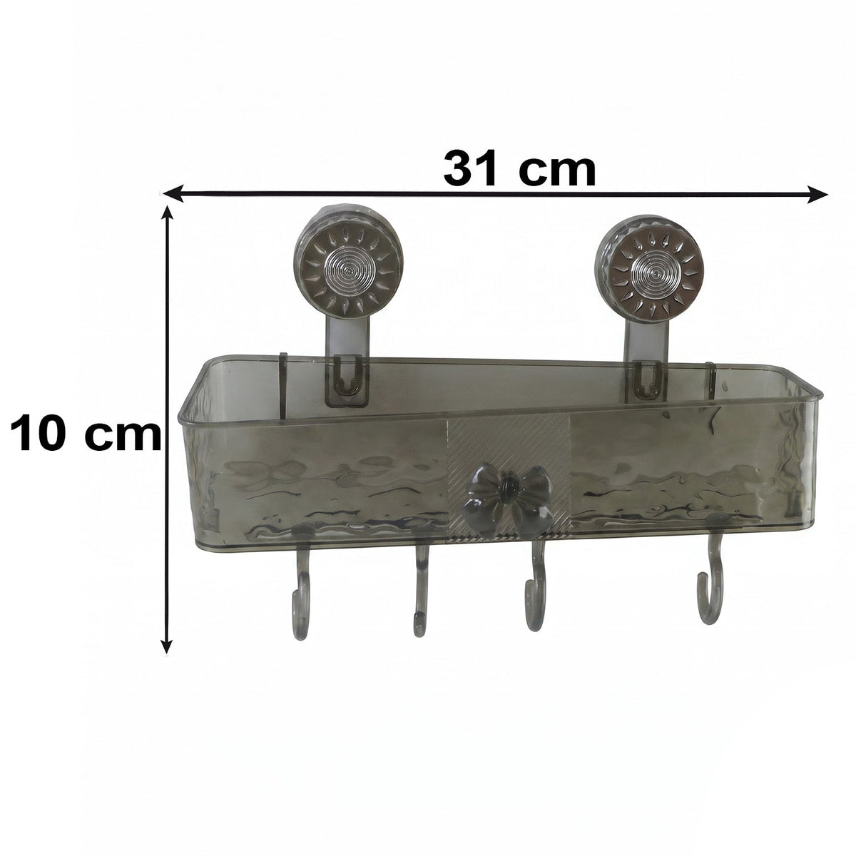 A clear grey plastic caddy with four hooks is mounted on a white background, with dimensions of 31 cm width and 10 cm height.