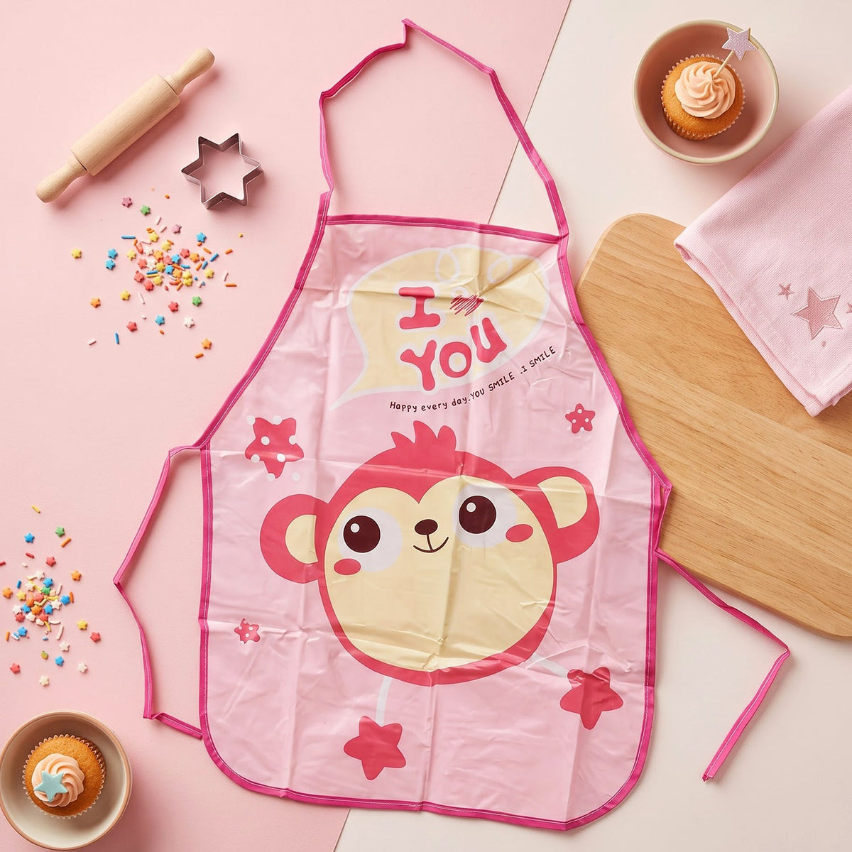 A pink monkey print apron is laid flat on a pink and white surface, surrounded by baking tools and cupcakes.