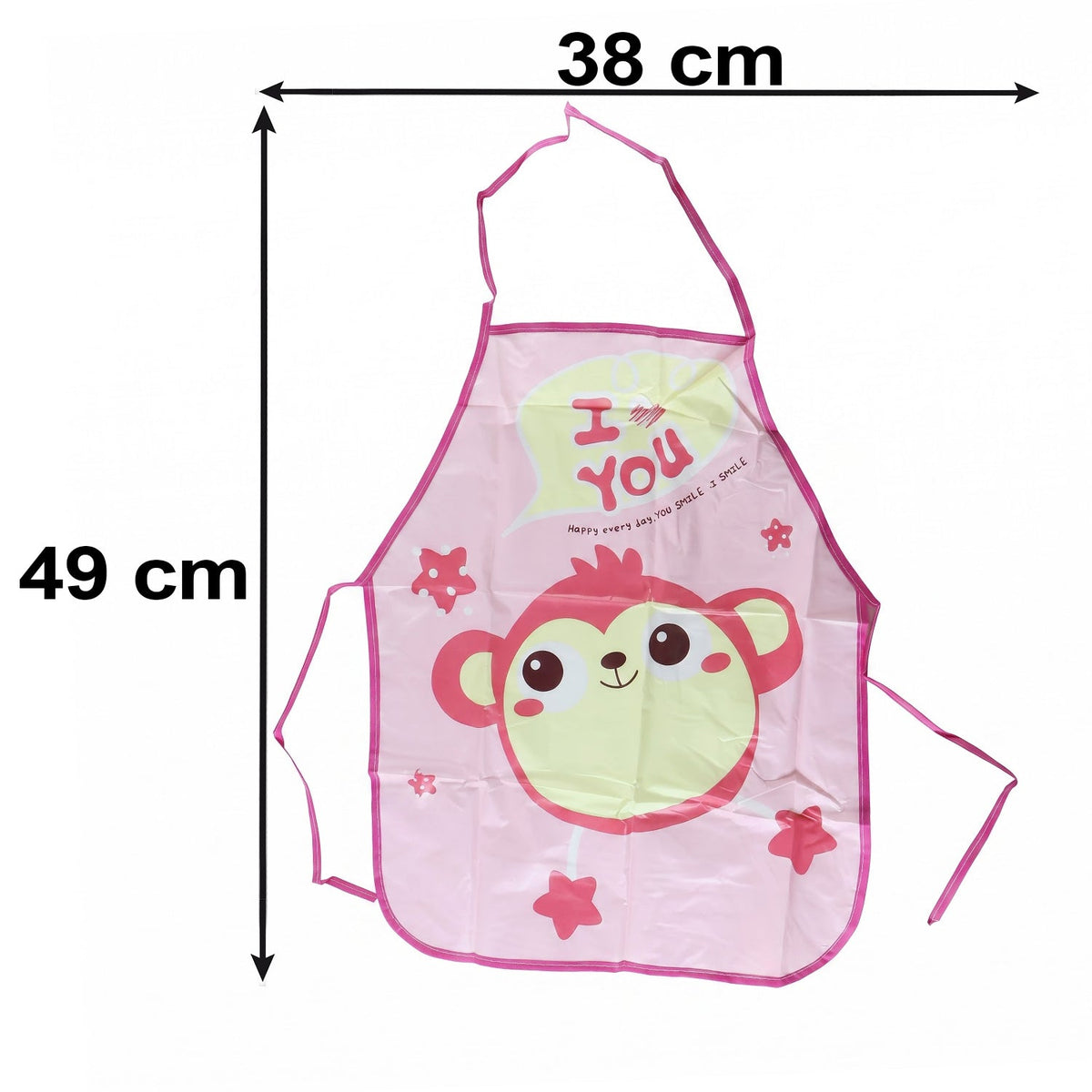 A pink waterproof apron with a cartoon monkey print is shown flat with dimensions of 49 cm length and 38 cm width.