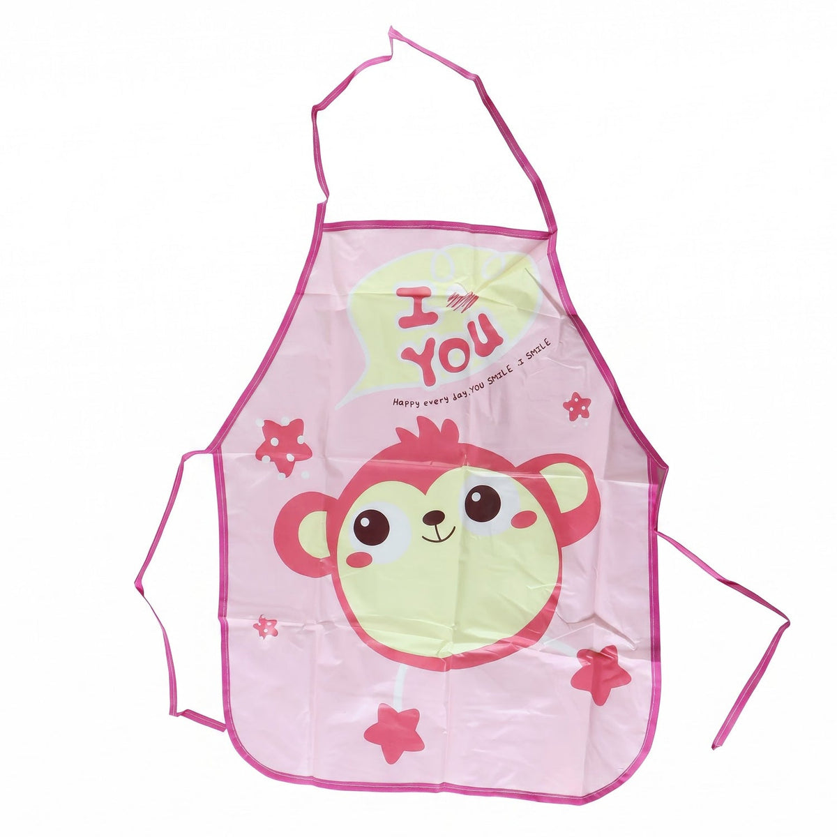 A pink waterproof apron with a cartoon monkey print and text "I YOU" and "HAPPY EVERY DAY, BIG SMILE, I SMILE" is displayed