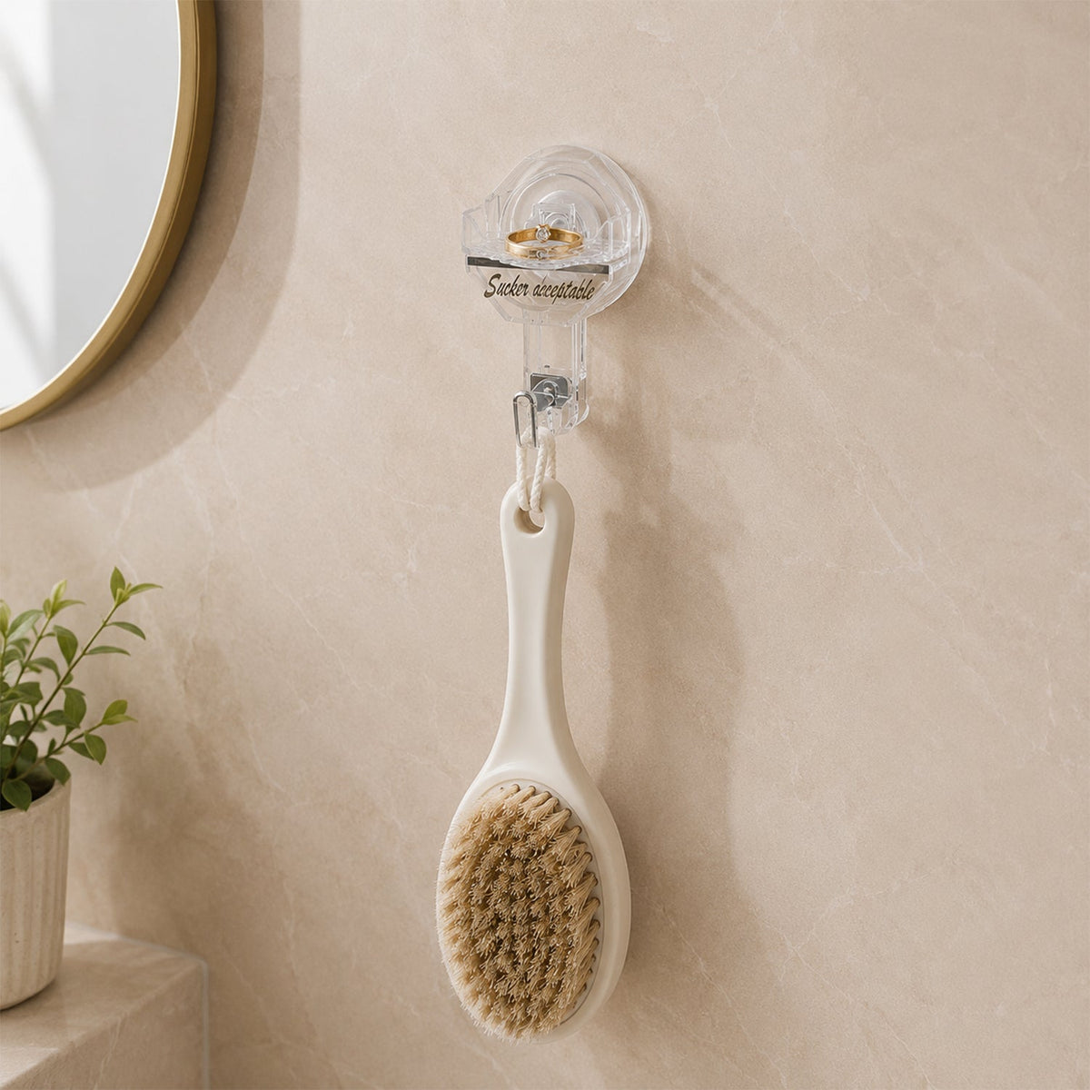 A clear self-adhesive hook holds a white-handled body brush with natural bristles on a light tiled bathroom wall next to a