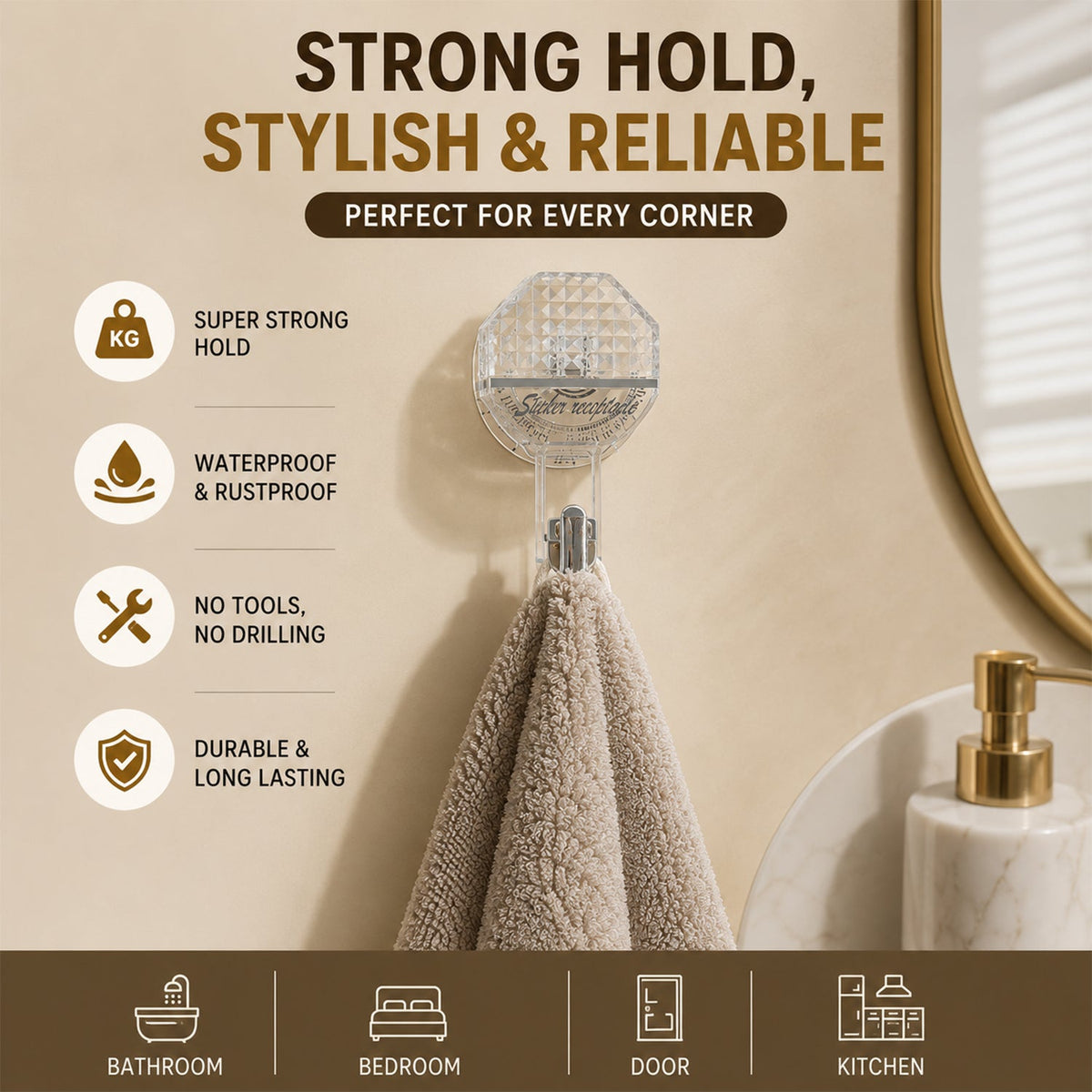 A clear self-adhesive hook holds a beige towel on a light tiled wall, with icons indicating its features and uses.