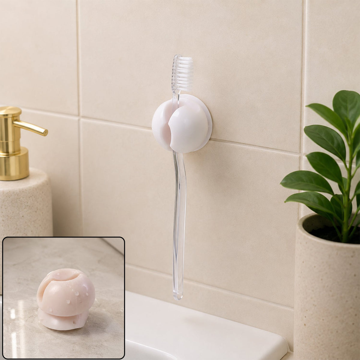 A white toothbrush holder clip on a tiled wall, holding a clear toothbrush above a sink, with a soap dispenser and plant