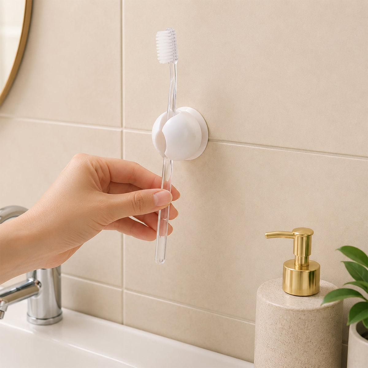 A hand placing a clear toothbrush into a white wall-mounted holder above a sink with a gold soap dispenser.