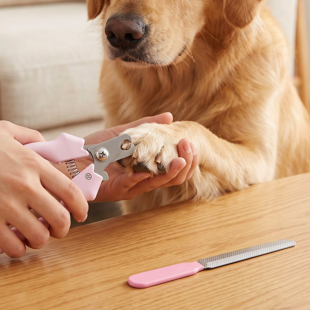 A person's hands using the pink nail clipper on a golden retriever's paw, with the filer on the table.