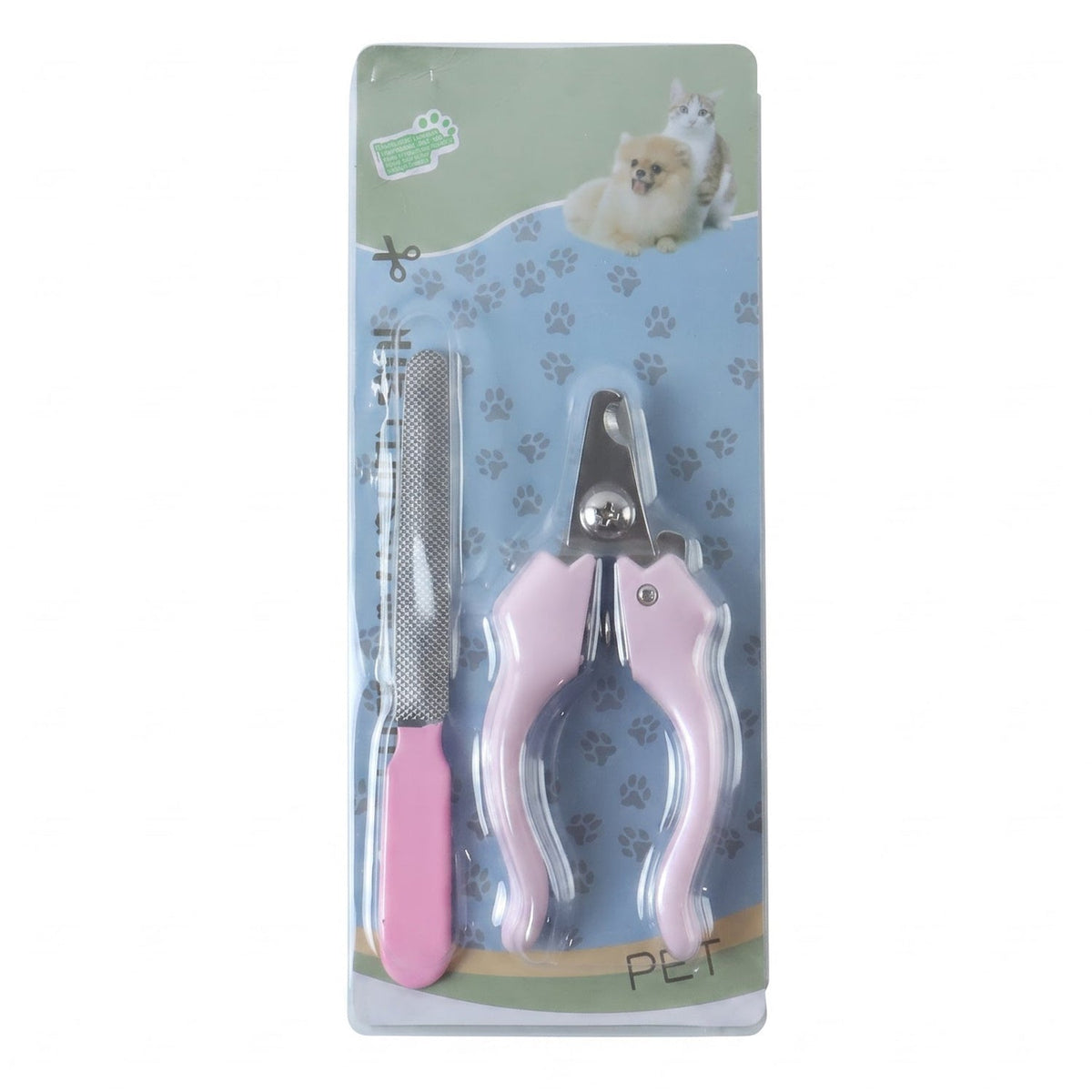 Pink pet nail clipper and filer set in blister packaging on a plain white background.