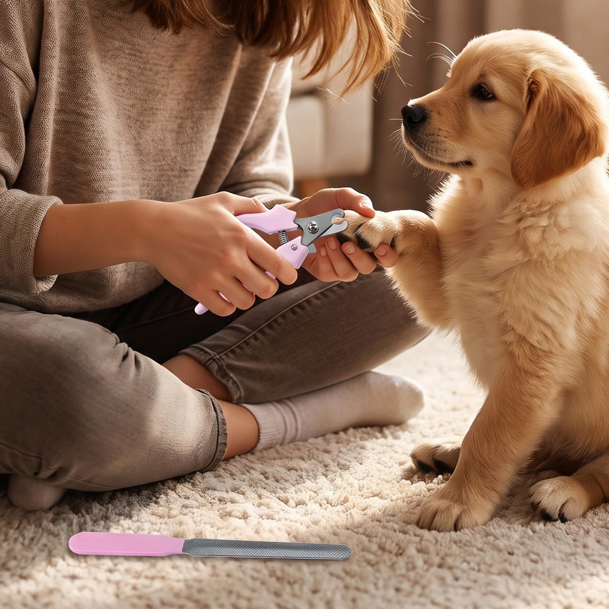 A person sitting on a rug, trimming a golden retriever's nails with the pink clipper, filer nearby.