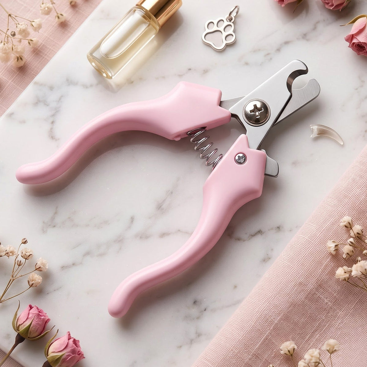 Pink pet nail clipper on a marble surface with a small vial, paw print charm, and pink roses.