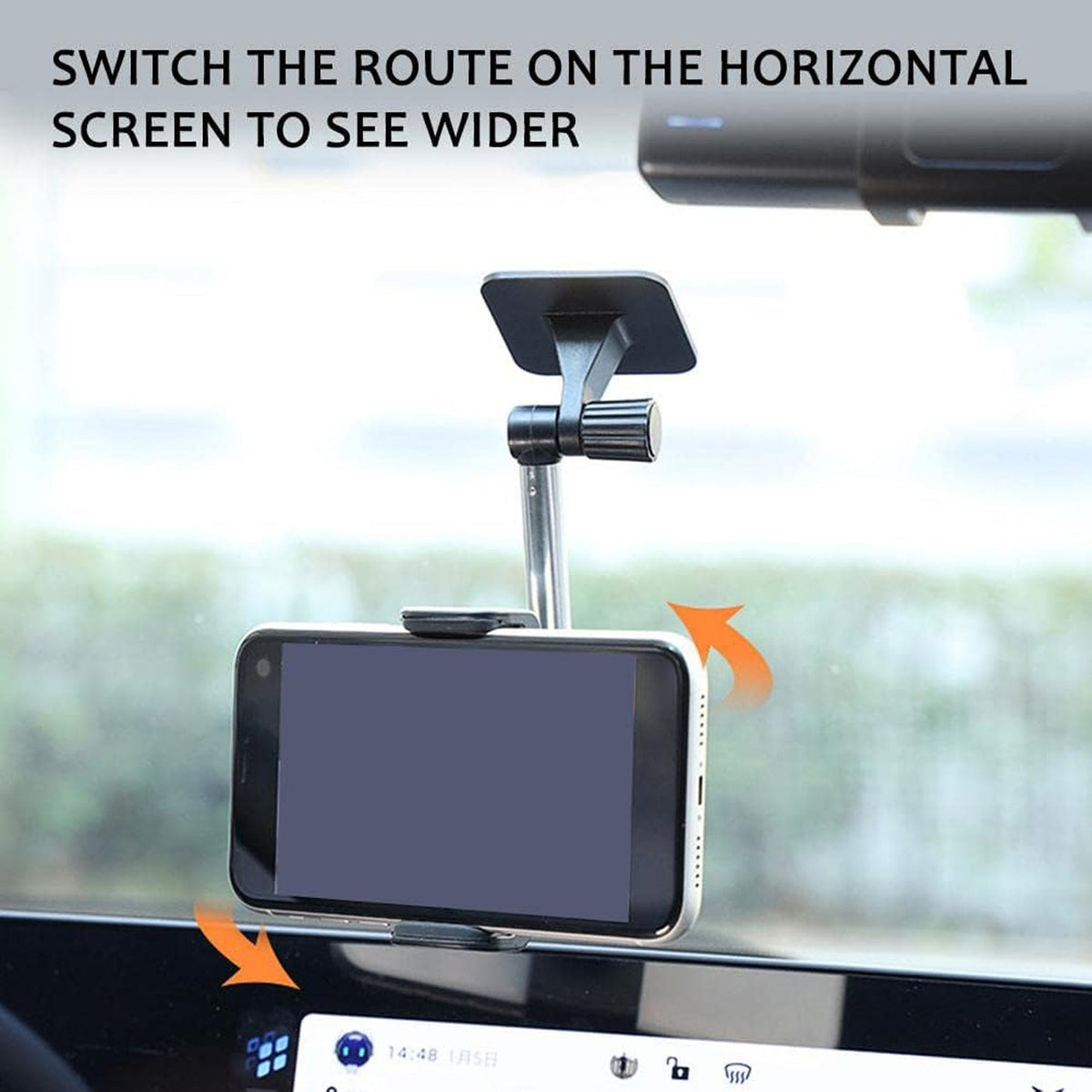Black and silver car phone holder with a smartphone mounted horizontally, showing rotation arrows.
