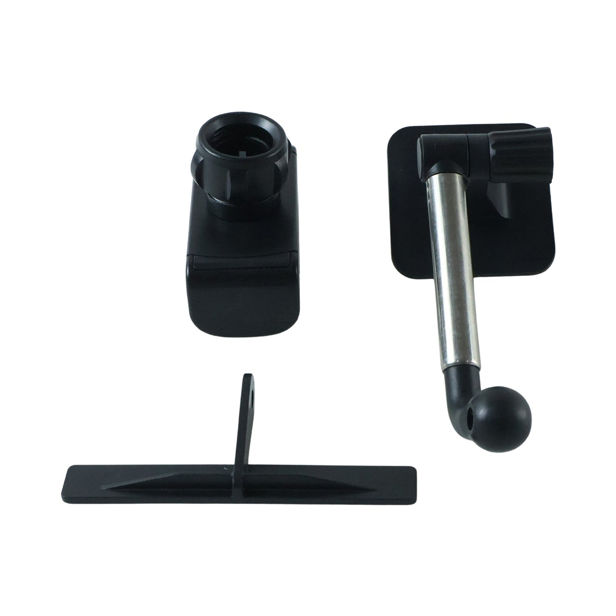 Disassembled black and silver car phone holder components on a white background.