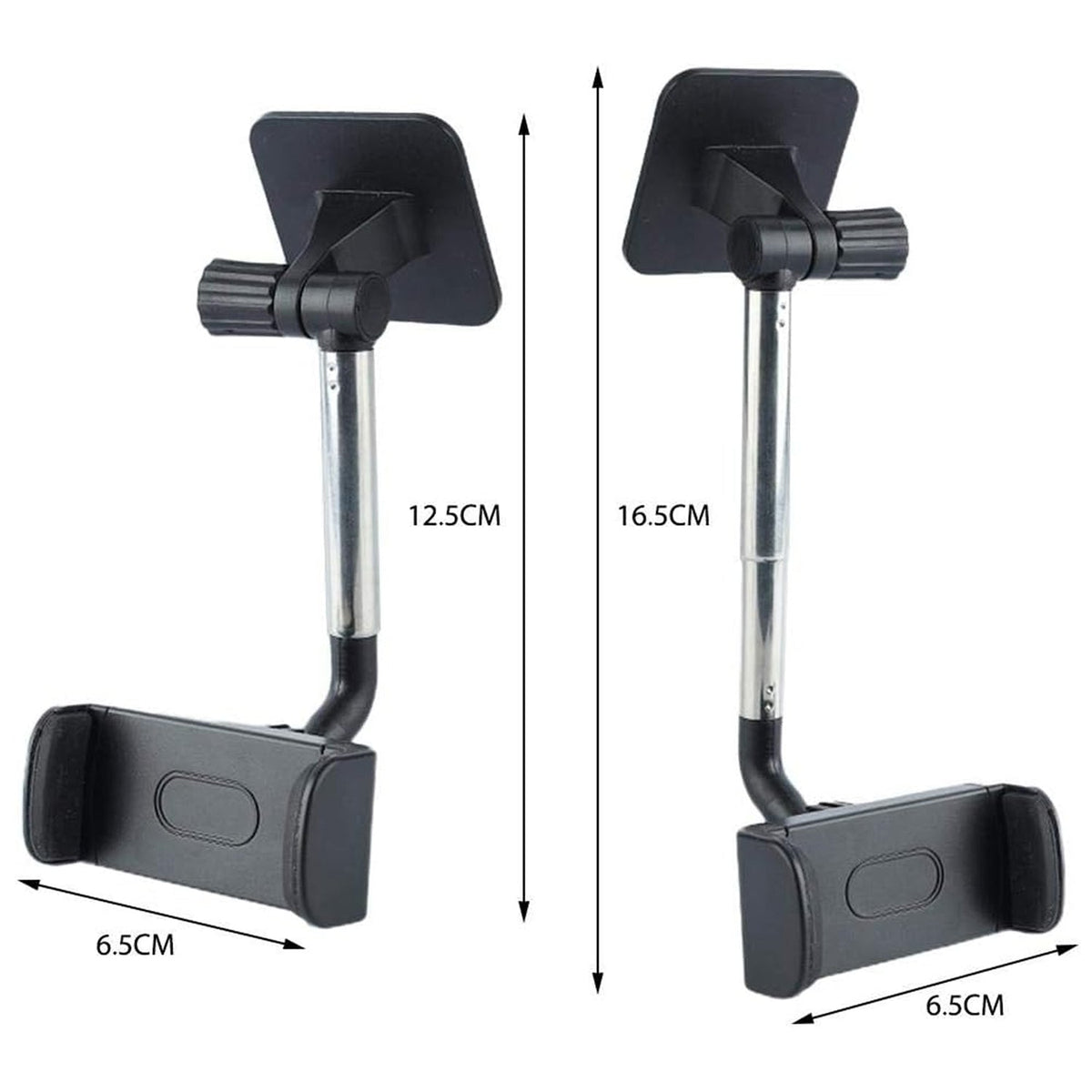 Two views of the black and silver car phone holder, showing its adjustable height with measurements.