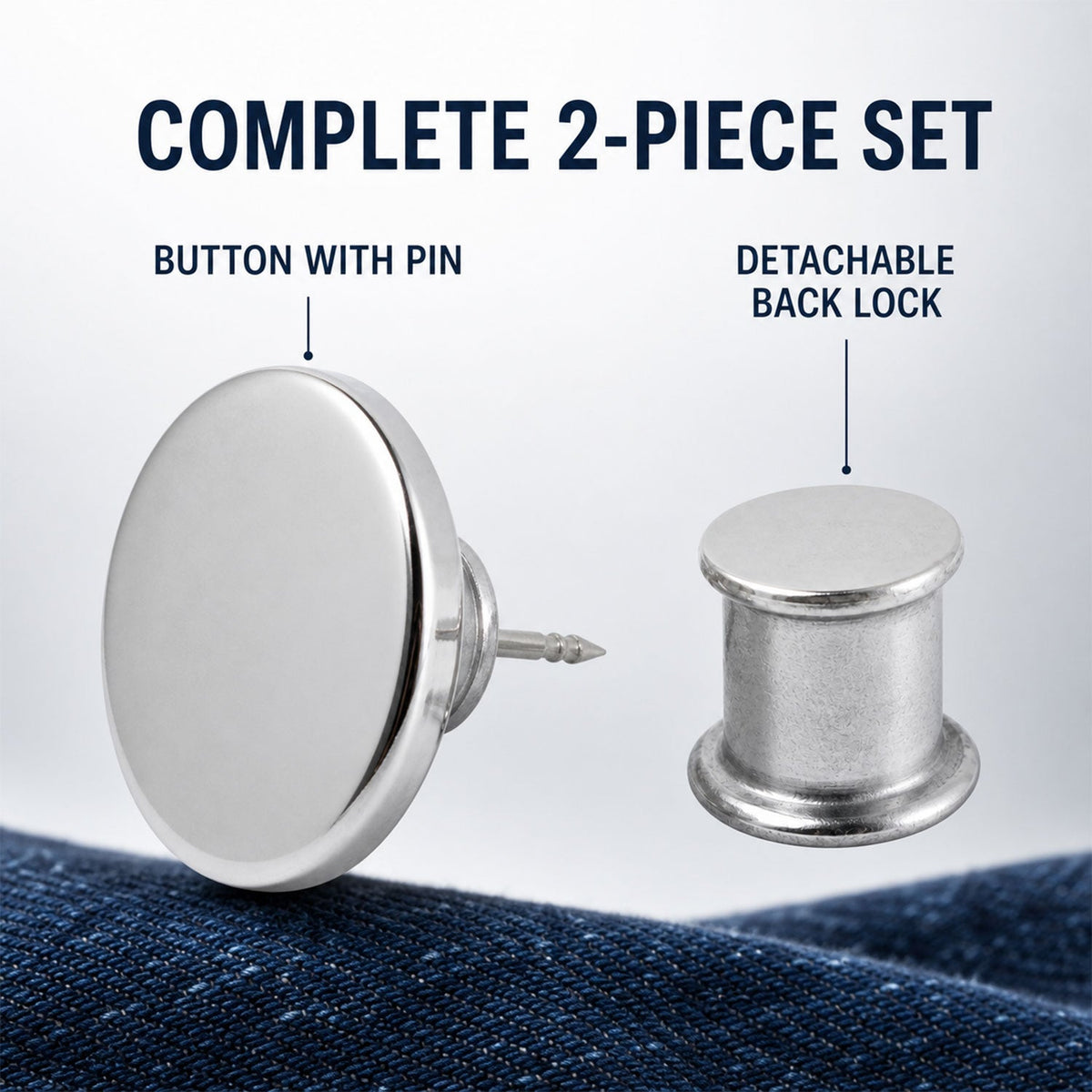 A two-piece set of the silver metal button with pin and its detachable back lock on blue fabric.