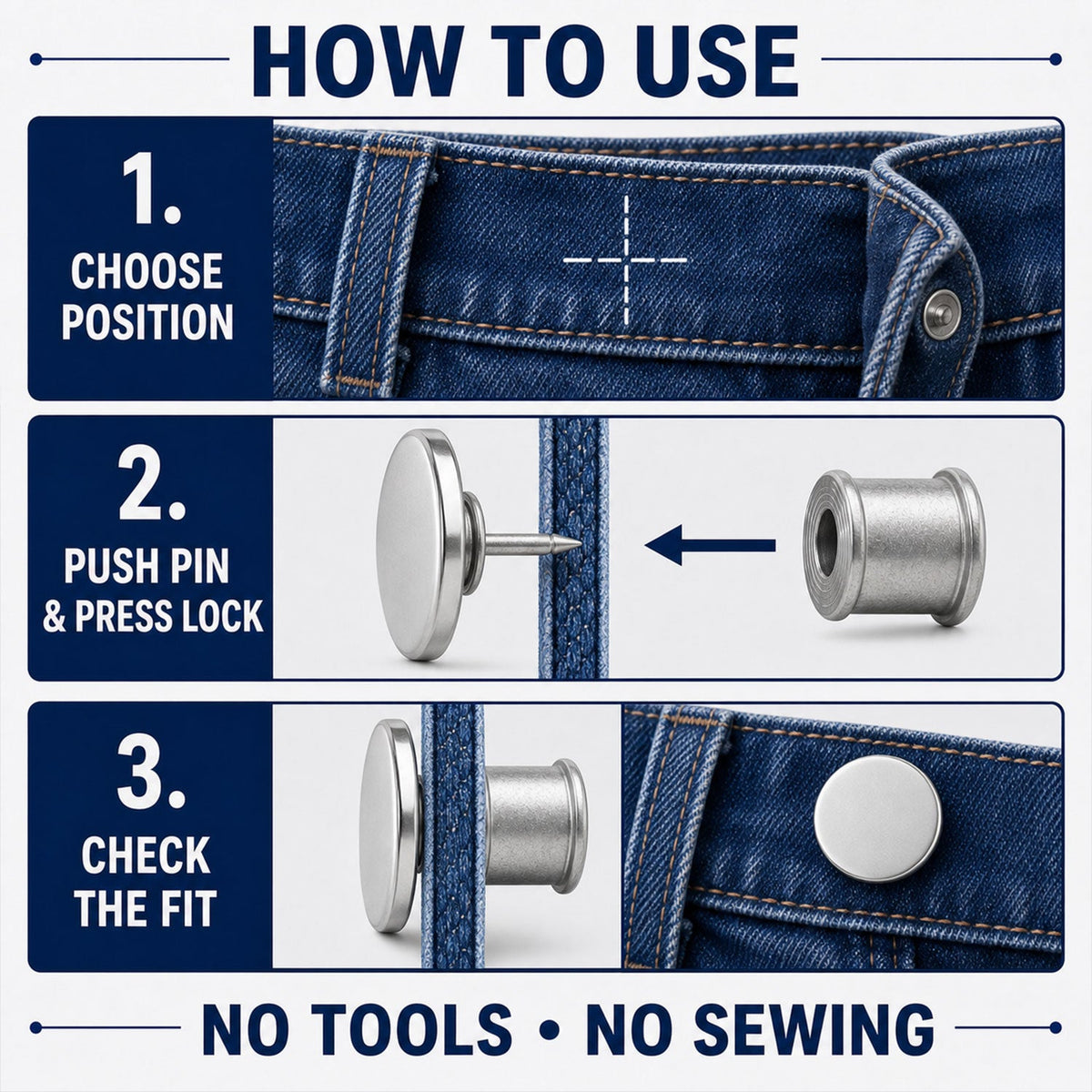 Three steps demonstrating how to use the silver metal button pin on jeans, with text instructions.