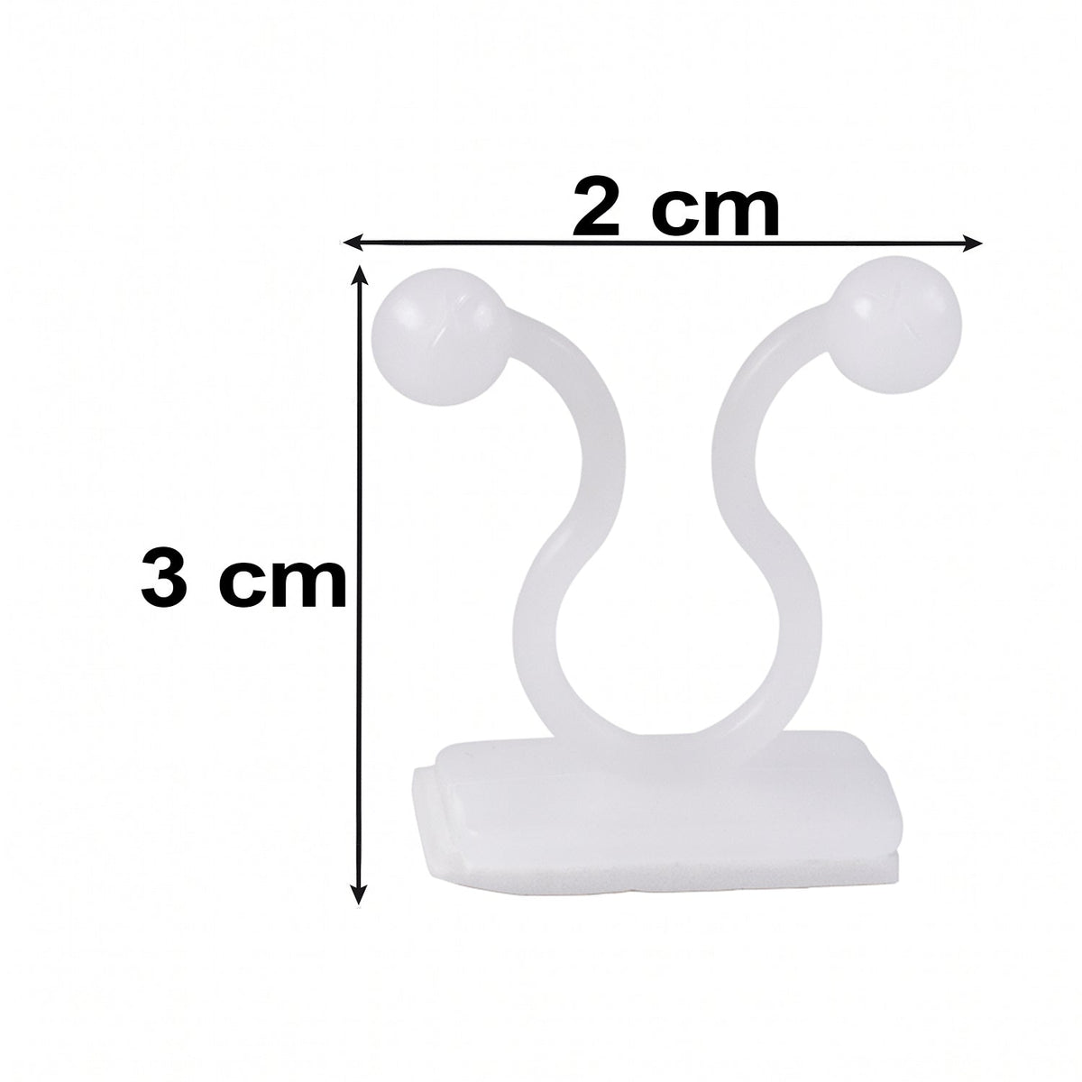 A single white plastic self-adhesive plant clip is shown with measurements of 2 cm width and 3 cm height.