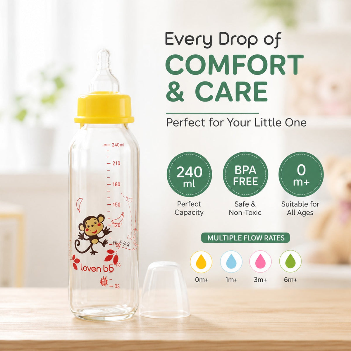 A clear glass baby bottle with a yellow nipple and monkey design stands next to text highlighting its features.