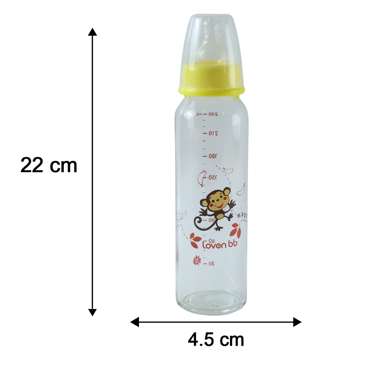 A clear glass baby bottle with a yellow nipple and monkey design is shown with its height and width measurements.