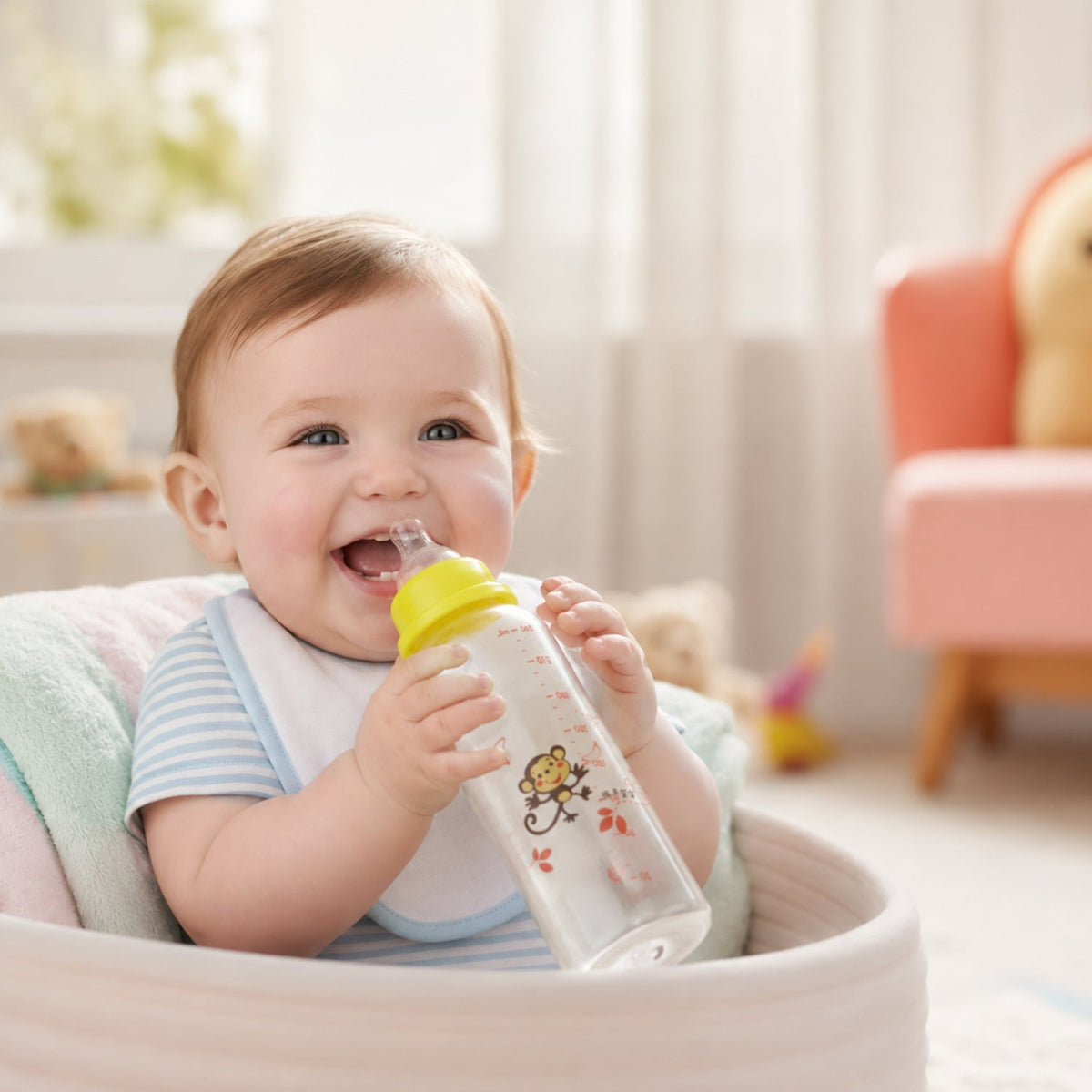 A smiling baby in a striped bib sits in a high chair, drinking from a clear glass baby bottle with a yellow nipple.