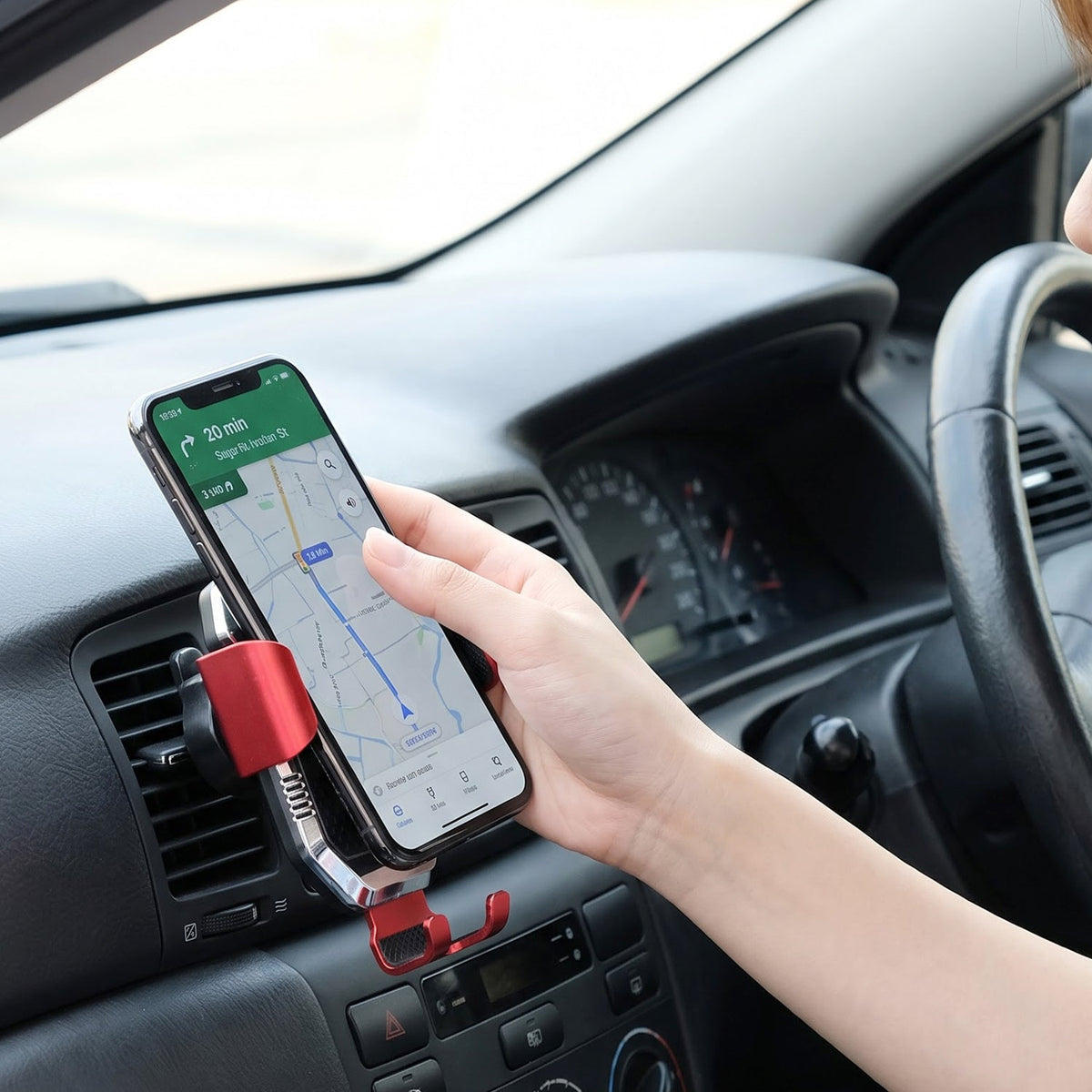 A person's hand interacts with a smartphone in a red and silver car vent holder, showing a navigation app.