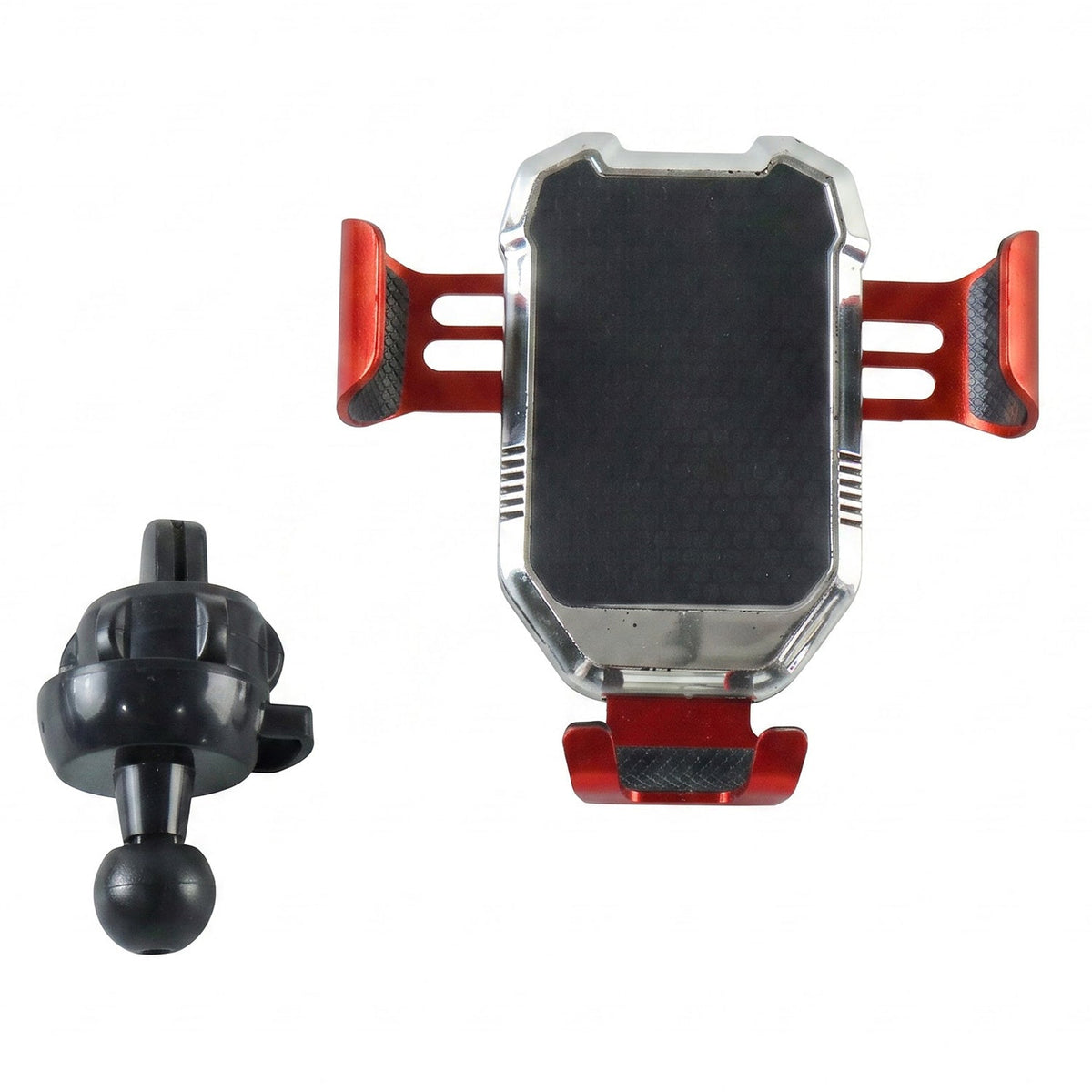 The red and silver car phone holder with a black textured back, next to its black spherical joint attachment.