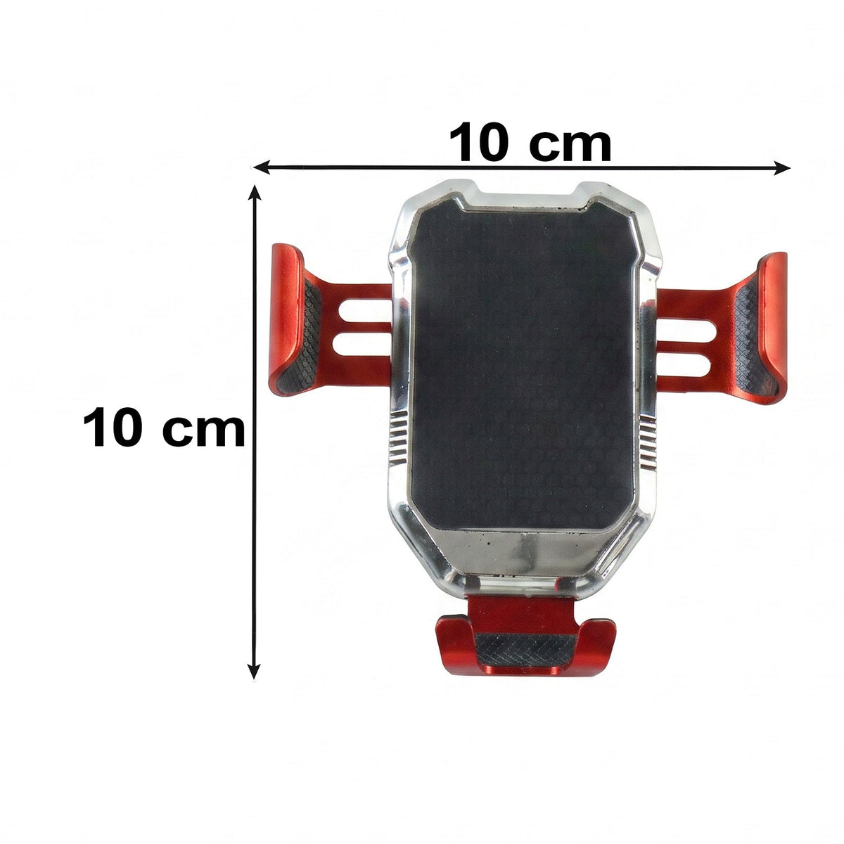 A red and silver car phone holder with a black textured back, showing dimensions of 10 cm by 10 cm.