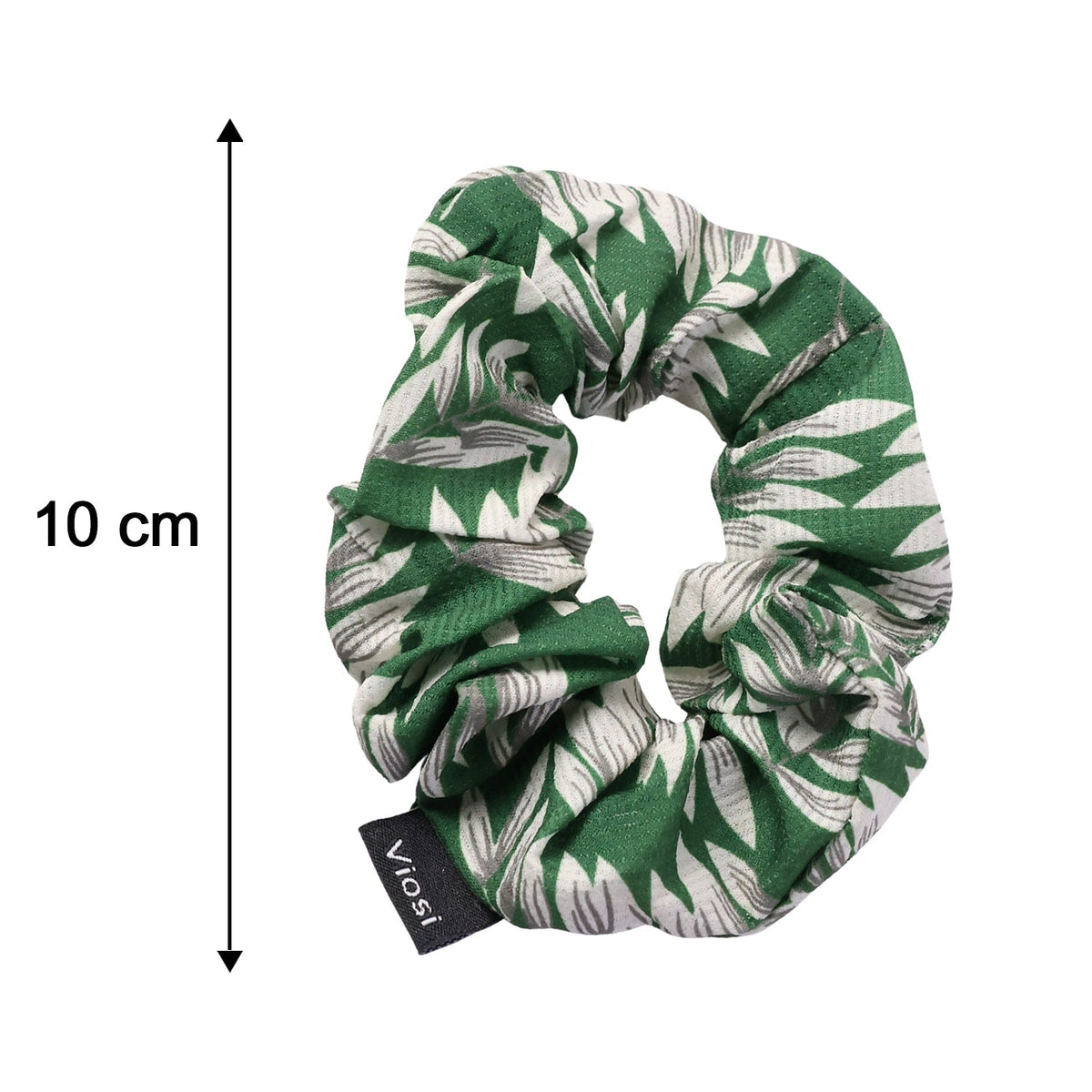 A green and white leaf print scrunchie with a 'viosi' tag is shown on a white background with a 10 cm measurement indicator.
