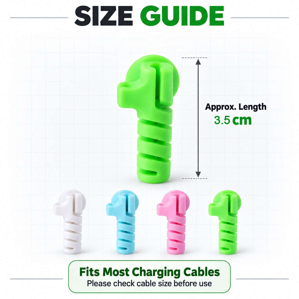 A green cable protector illustrating its 3.5 cm length, with three other colors below it and a size guide.