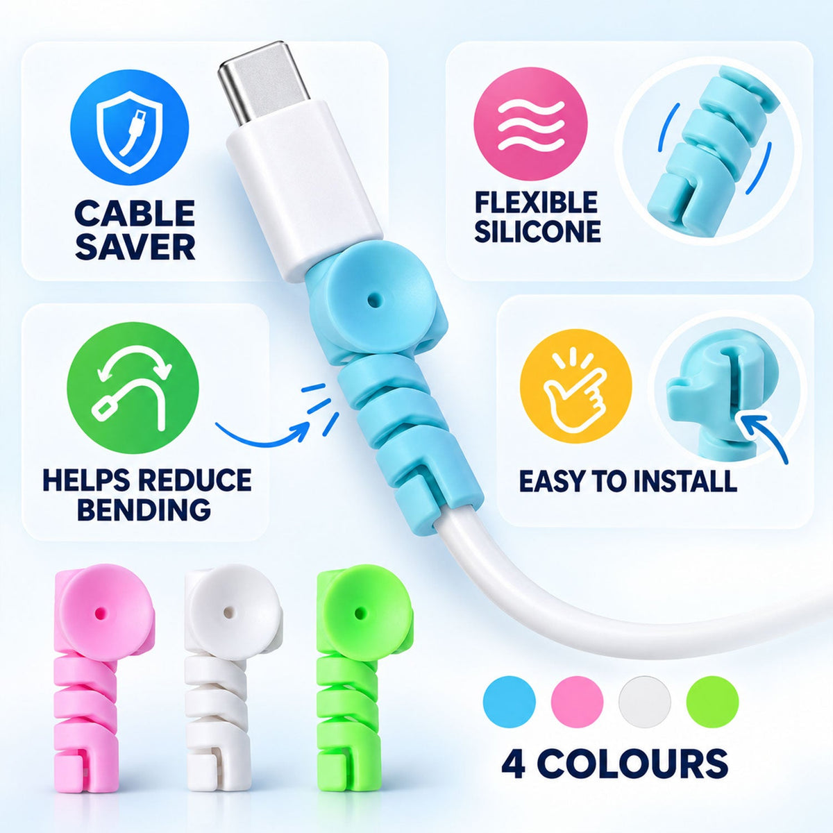 A blue cable protector on a white charging cable, highlighting its cable saver, flexible, and easy-to-install features.