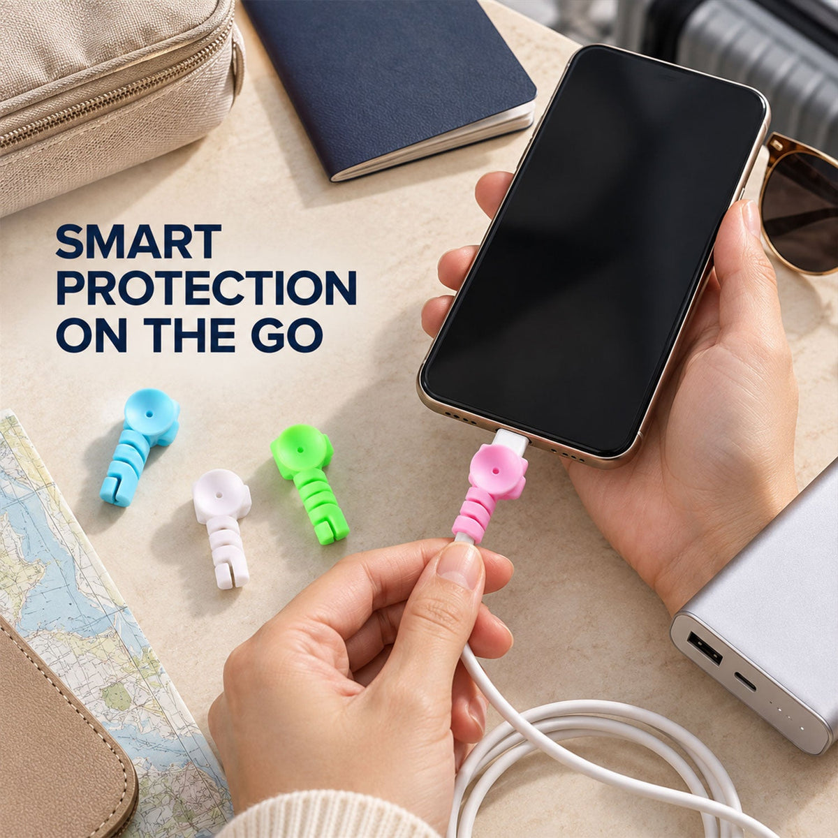 A person holding a phone with a pink cable protector attached, with other protectors and travel items on a table.