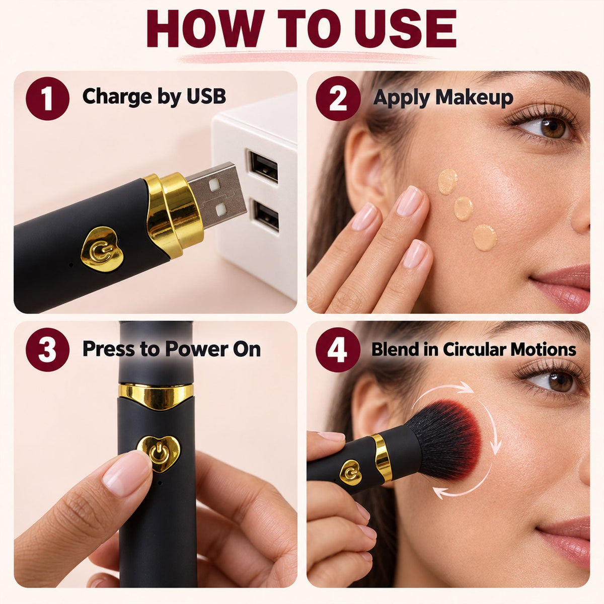 The complete set includes a black and red makeup brush, a light blue retail box, and a clear protective plastic tray.