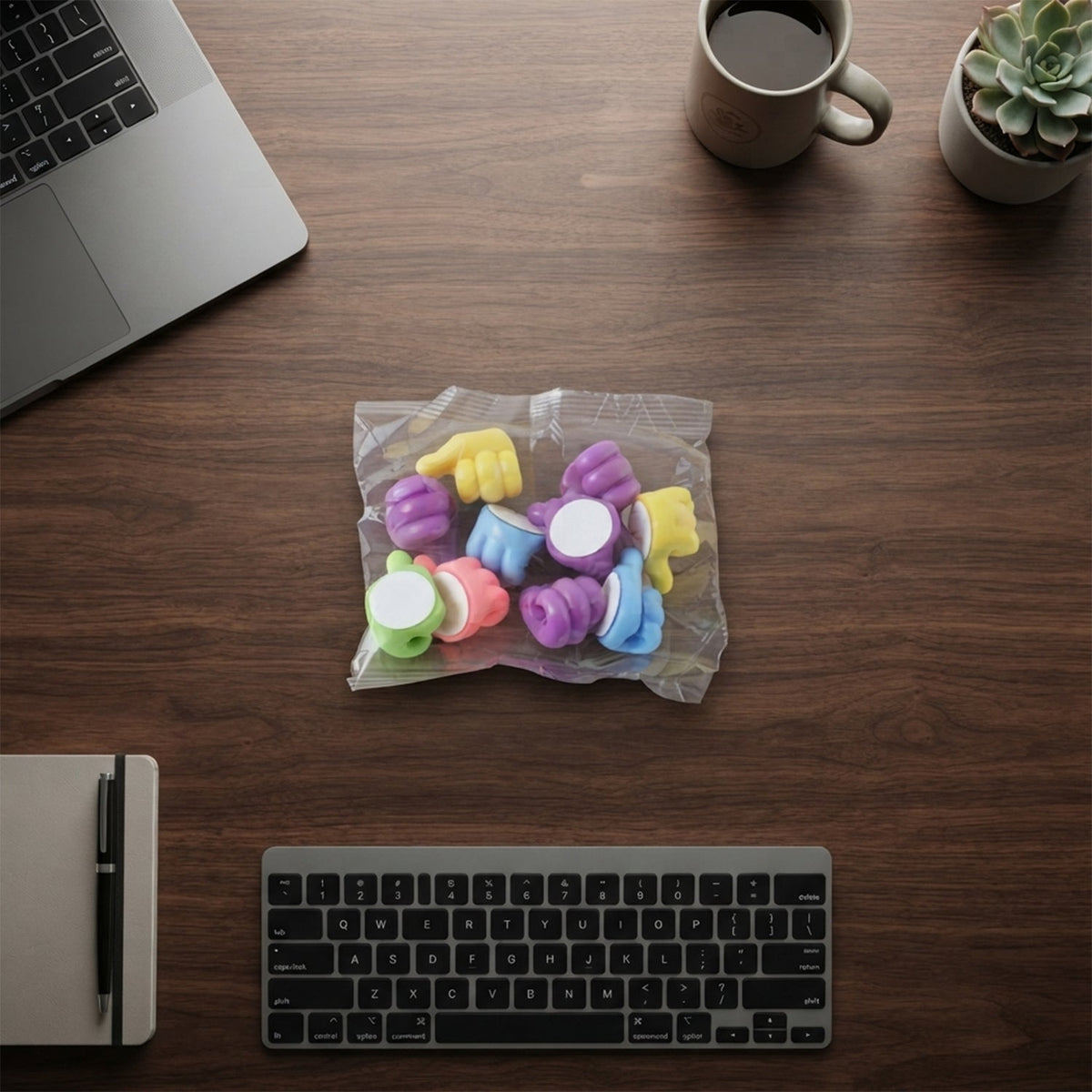 An overhead view of a clear plastic bag containing colourful thumbs-up clips on a wooden desk, surrounded by a laptop,