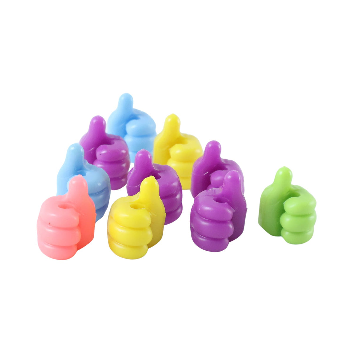 Ten colourful thumbs-up shaped adhesive clips, including pink, blue, yellow, purple, and green, arranged on a white