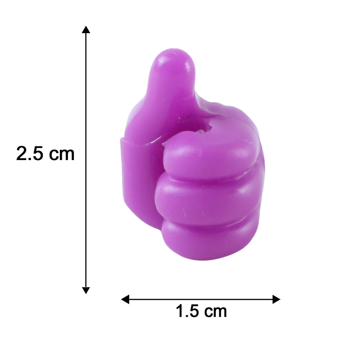 A single purple thumbs-up shaped clip with measurements indicating 2.5 cm in height and 1.5 cm in width on a white