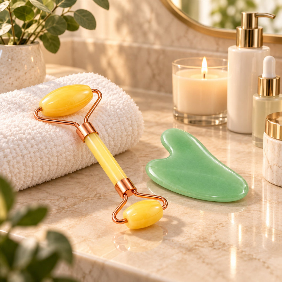 A yellow facial roller and green gua sha tool are on a marble counter with a lit candle and skincare bottles.