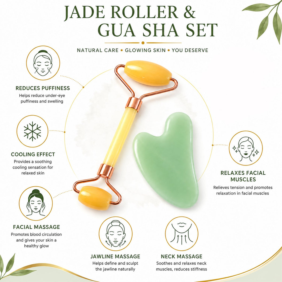 An infographic displays a yellow facial roller and green gua sha tool, detailing their benefits like reducing puffiness.