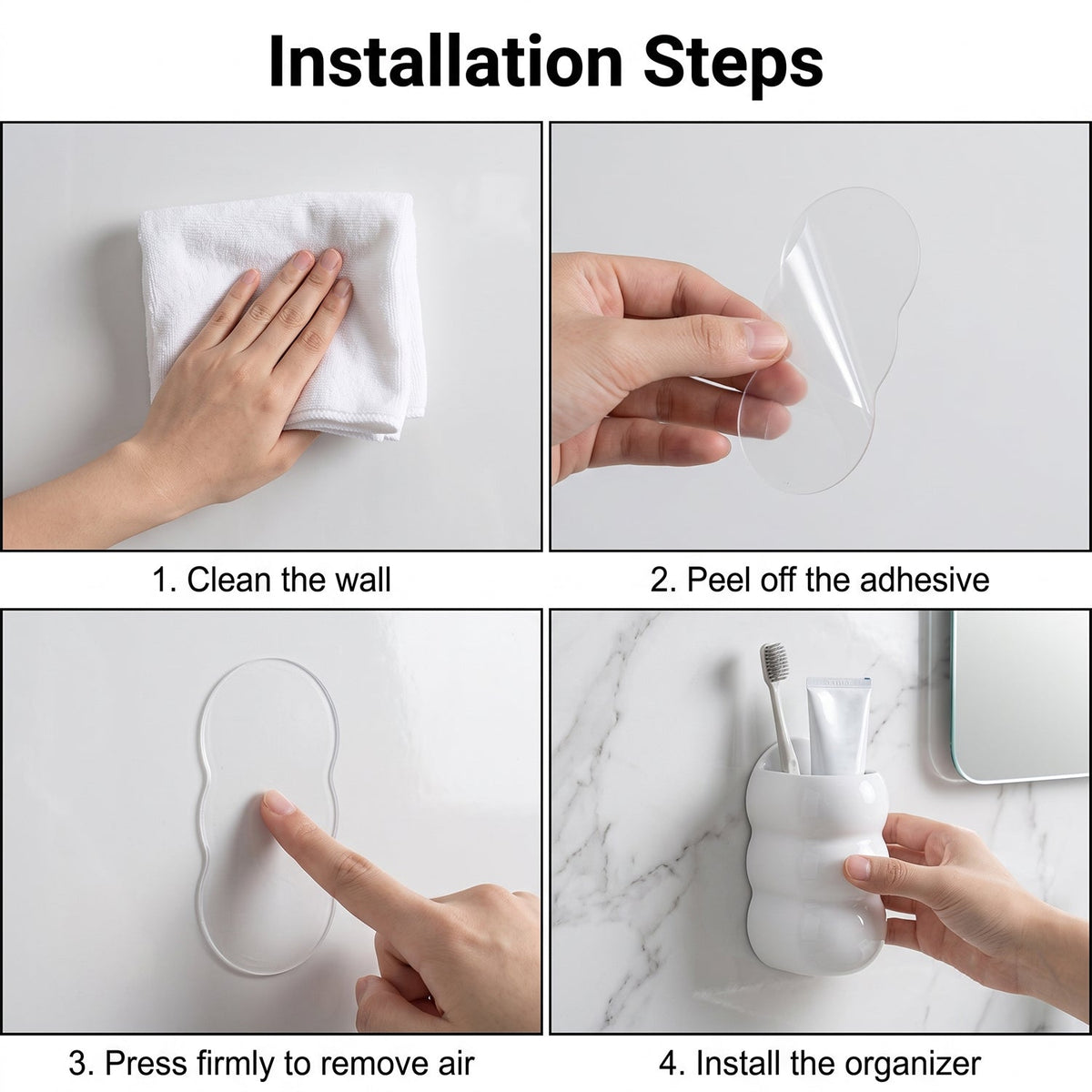 Four-step installation guide showing how to clean the wall, peel adhesive, press firmly, and install the organizer.