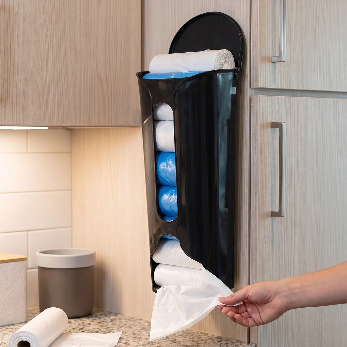 A hand pulls a white plastic bag from a black wall-mounted dispenser, filled with white and blue bags.