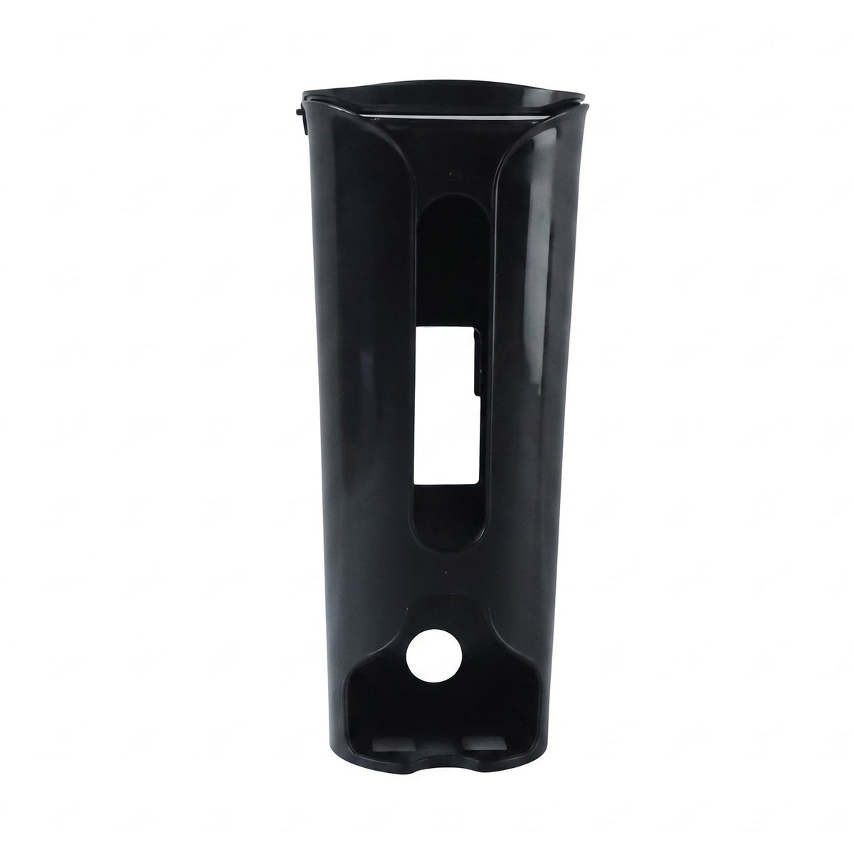 A black plastic bag dispenser with a rectangular opening and a circular opening on a white background.