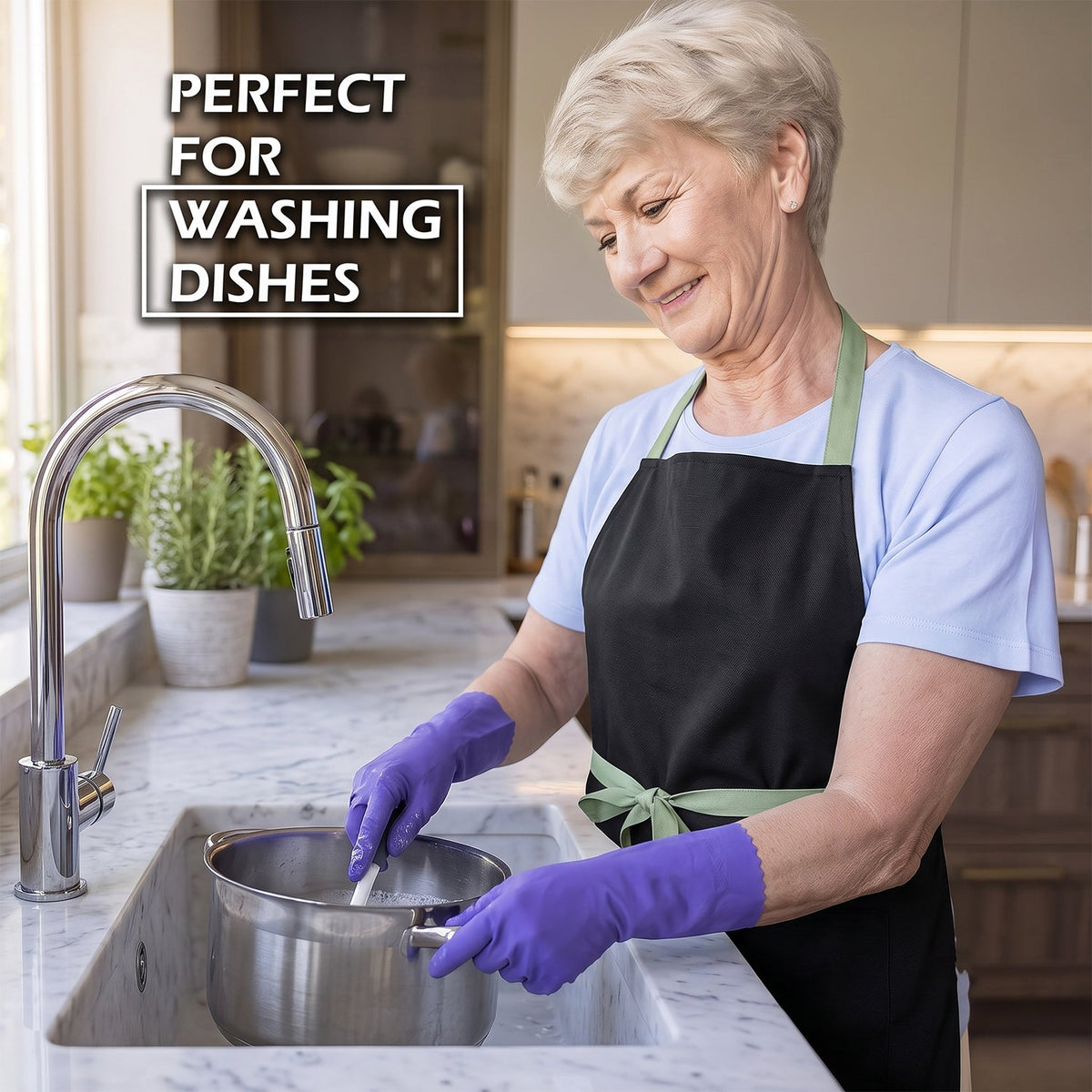 An older woman in a black apron with green ties and purple gloves washes dishes in a kitchen sink.