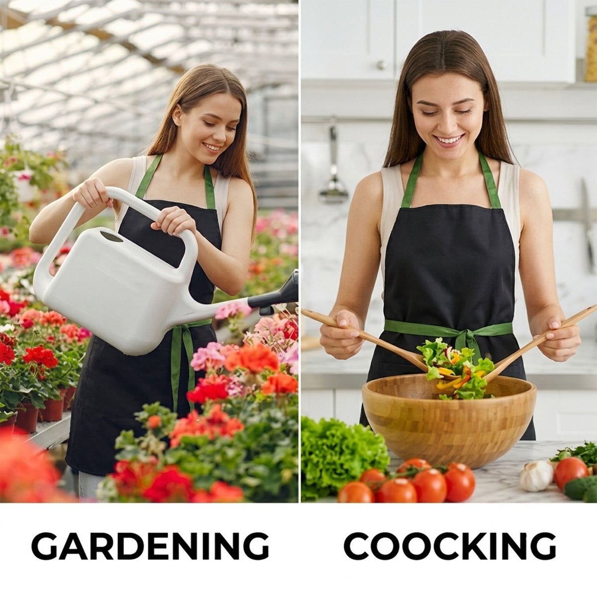A split image showing a woman gardening with a watering can and another woman tossing a salad in an apron.